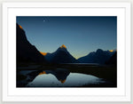 White wood frame (594 x 420mm print, 720 × 550mm frame) Mitre te atakura Mitre Peak dressed in her red tips of dawn, te ata kura, on a rare and beautifully clear, still, morning. Milford Sound New Zealand. A2 size and A3 size