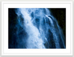 The Blue Waterbird celebrating the ethereal swirling waters of the Stirling Falls, Milford Sound in Aotearoa, New Zealand.. White wood frame