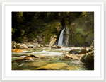 Thunderous Giants Gate falls on Milford Track, Fiordland National Park. Pristine wilderness river in toffee tones. Available up to size A2.