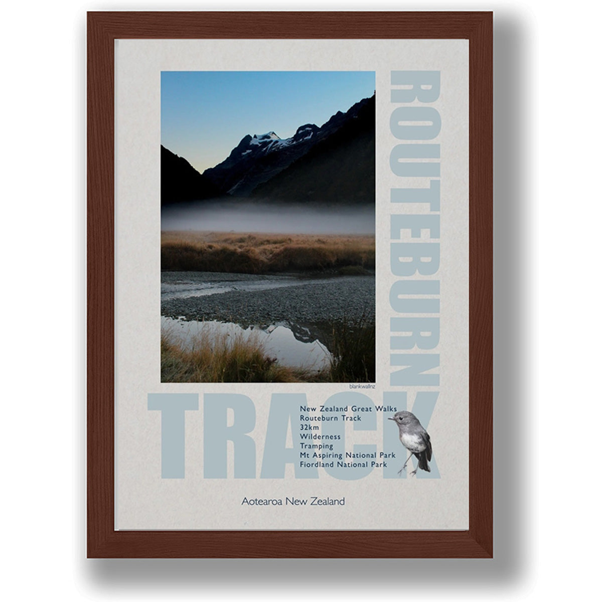 Image of Great Walks Poster NZ series, poster on a dark brown wooden frame, North Routeburn dawn view for near Routeburn flats hut, Mt Aspiring National Park