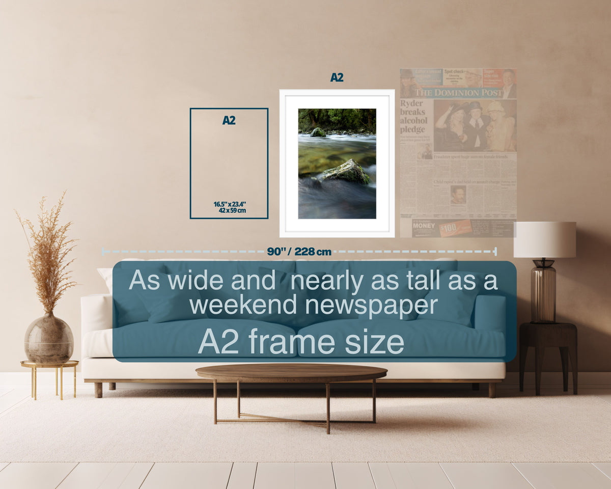 A2 framed art is larger than A2. The frame and mat is in addition to the A2 size image.  It is as wide and nearly as tall as a weekend newspaper (NZ and Aus format)