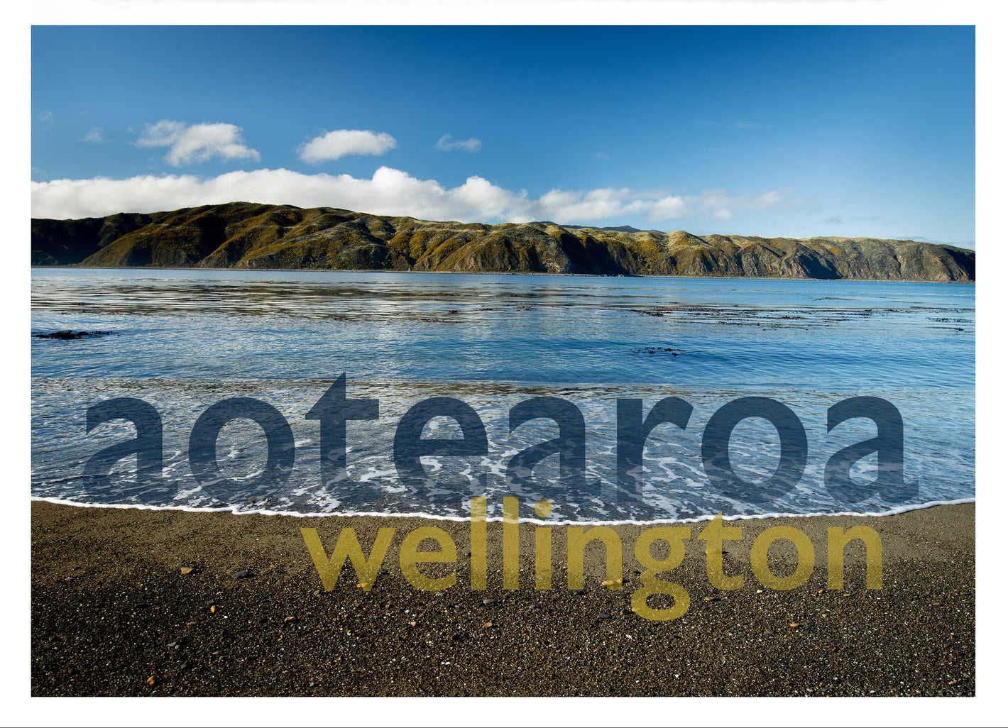 Blankwallnz greeting card with Maori name of New Zealand - 'Aotearoa'. Aotearoa Wellington.
Back includes location information for Harbour entrance, Te Whanganui-a-Tara.