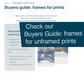 A webpage screenshot titled 'Buyers guide: frames for prints' with text about sizes and a section for 'Blankwalnz unframed prints'