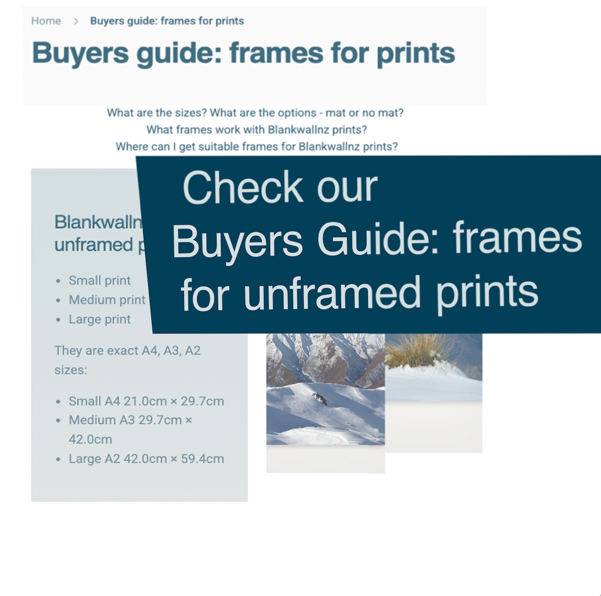 A webpage screenshot titled 'Buyers guide: frames for prints' with text about sizes and a section for 'Blankwalnz unframed prints'
