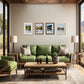 An example of Blankwallnz Great Walks posters - framed wall above the couch. 