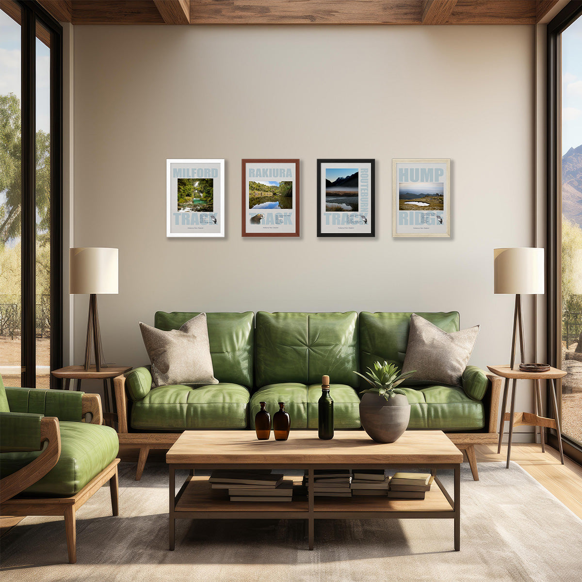 An example of Blankwallnz Great Walks posters - framed wall above the couch. 