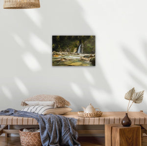 Thunderous Giants Gate falls on Milford Track, Fiordland National Park. Pristine wilderness river in toffee tones. Canvas  16"x24" 400x600mm (approx. A2 or 42x59.4cm)