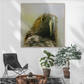 Framed artwork of a kaka on a wall in a conservatory living room with tropical plants