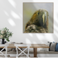 Framed artwork of a Kaka - native parrot on a wall above a dining table with a white chair.
XL Square wall art  
