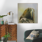 Float frame canvas art  kaka bird portrait on a wall above a wooden cabinet and green chair - shown approx. 60x60cm