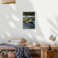 A vertical canvas print of a wild native bush in a national park on New Zealand's Fiordland with mossy rocks, displayed on a white wall above a wooden bench in a styled room setting.