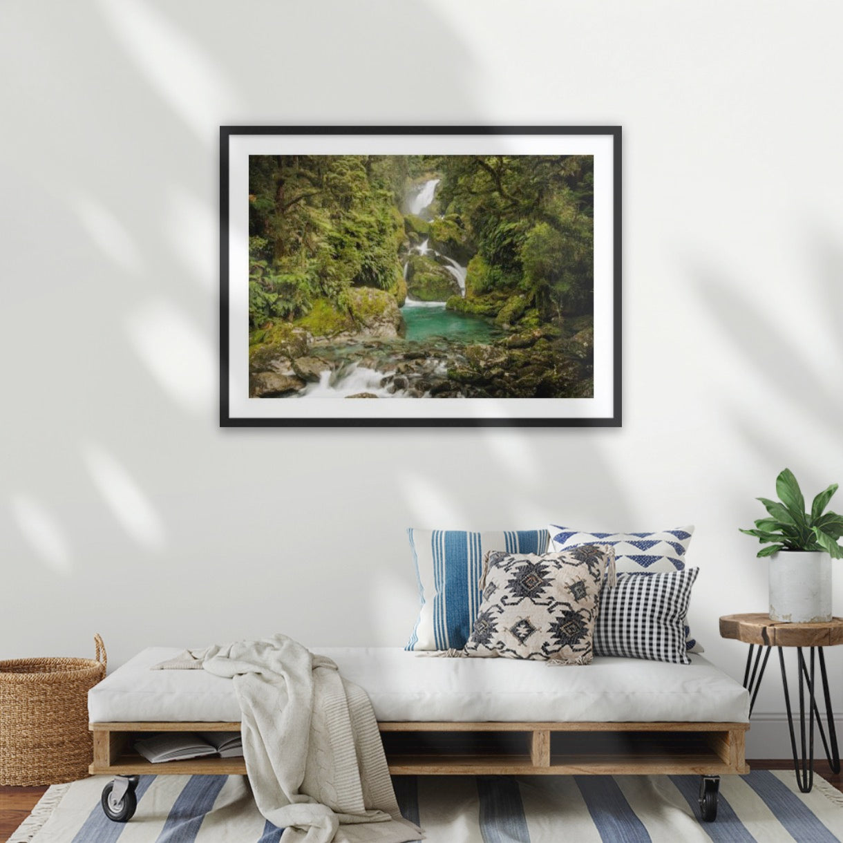 The unforgettable Mackay Falls are nestled in the Fiordland rainforest - Milford Track wilderness falls, Fiordland World Heritage Park, Aotearoa New Zealand.  A1 wood frame (841 × 594mm print, 970m × 720mm frame)