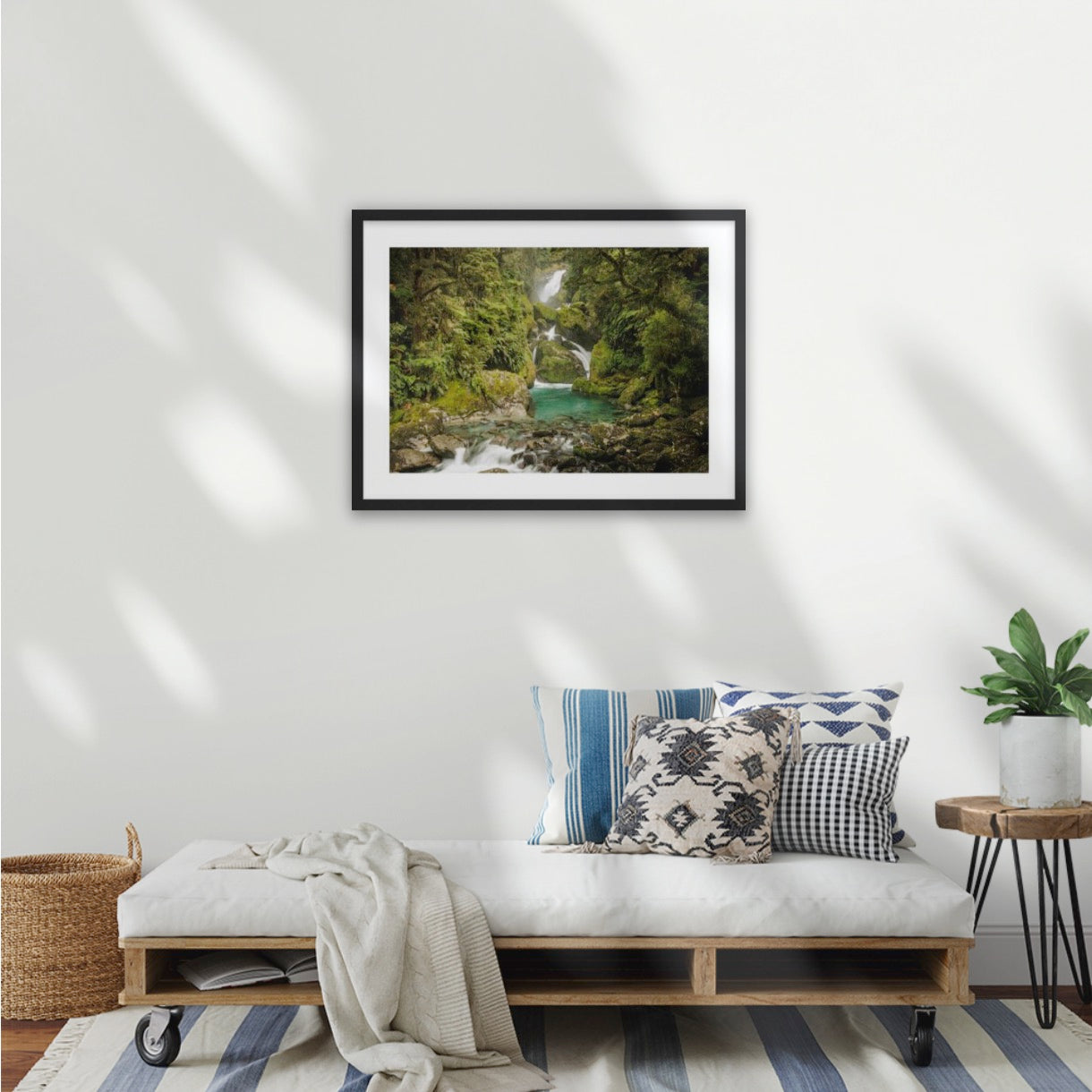 The unforgettable Mackay Falls are nestled in the Fiordland rainforest - Milford Track wilderness falls, Fiordland World Heritage Park, Aotearoa New Zealand. A2 wood frame (594 x 420mm print, 720 × 550mm frame)