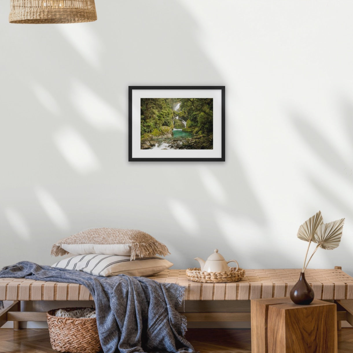 The unforgettable Mackay Falls are nestled in the Fiordland rainforest - Milford Track wilderness falls, Fiordland World Heritage Park, Aotearoa New Zealand A3 wood frame (420 x 297mm print; 550× 420mm frame)