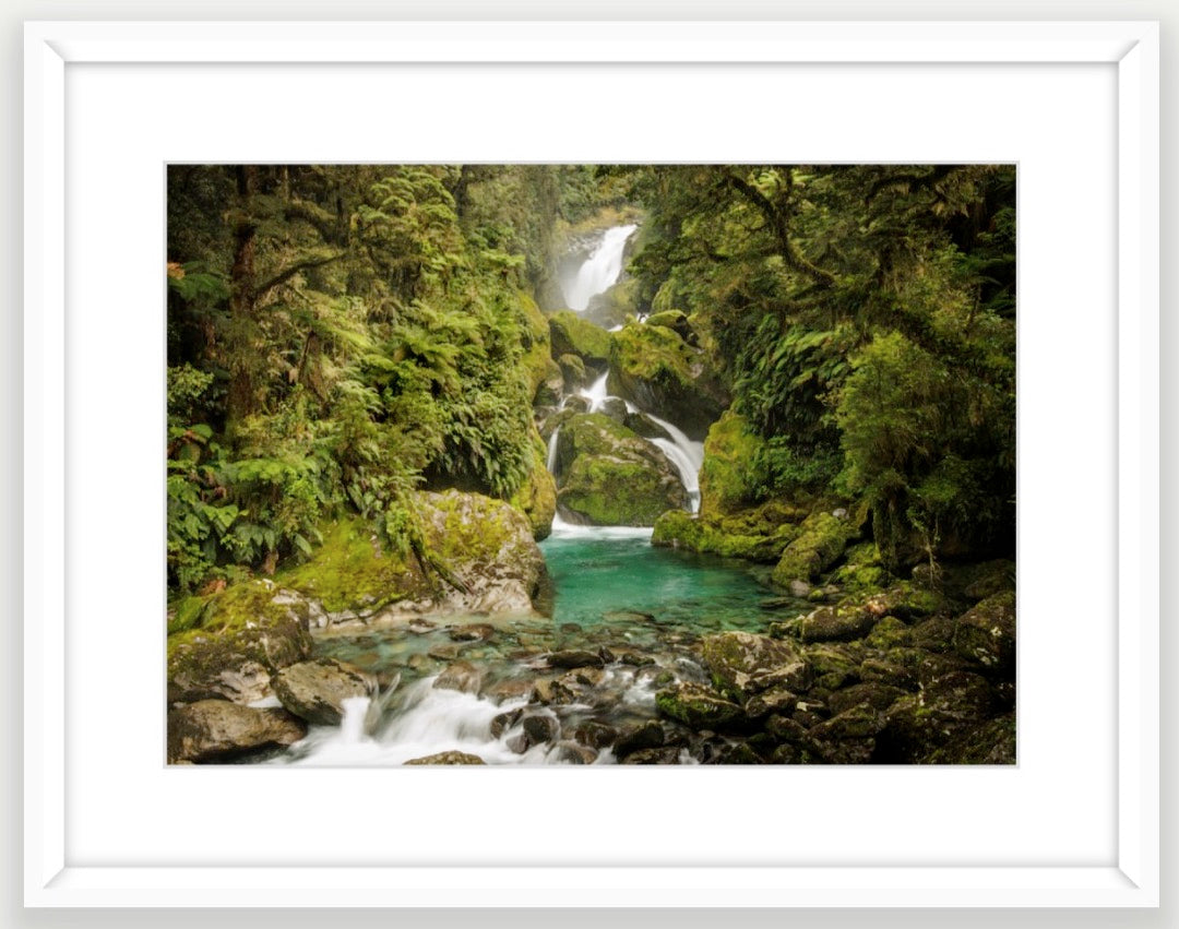 The unforgettable Mackay Falls are nestled in the Fiordland rainforest - Milford Track wilderness falls, Fiordland World Heritage Park, Aotearoa New Zealand
