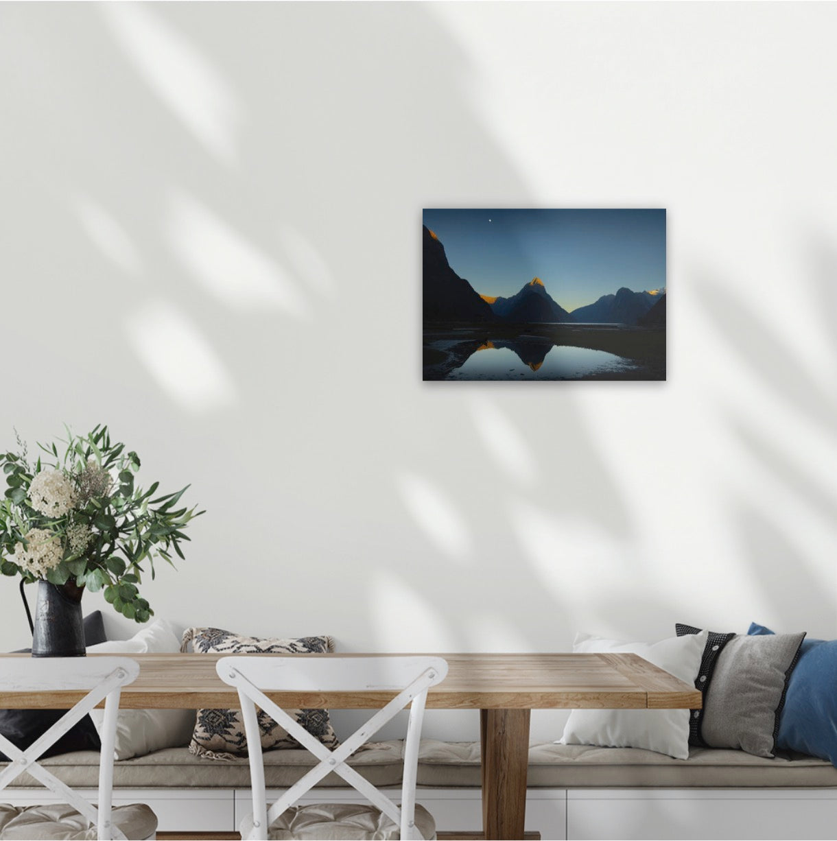 A1 Canvas available, 38mm deep frame with mirror wrapped edges. Mitre te atakura Mitre Peak dressed in her red tips of dawn, te ata kura, on a rare and beautifully clear, still, morning. Milford Sound New Zealand. 