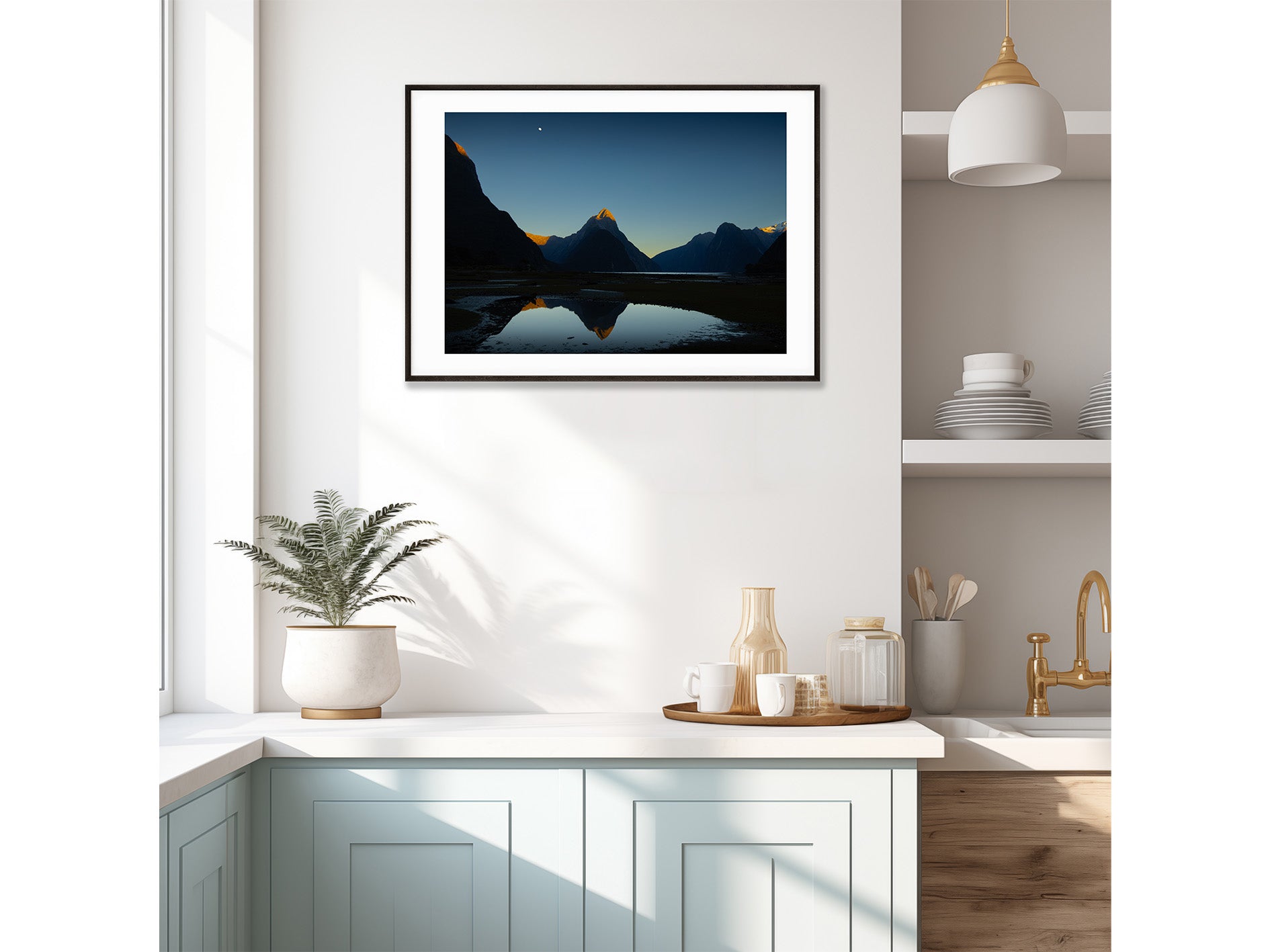 A1 wood frame (741 × 526mm print, 865 × 618mm frame) Mitre te atakura Mitre Peak dressed in her red tips of dawn, te ata kura, on a rare and beautifully clear, still, morning. Milford Sound New Zealand. 