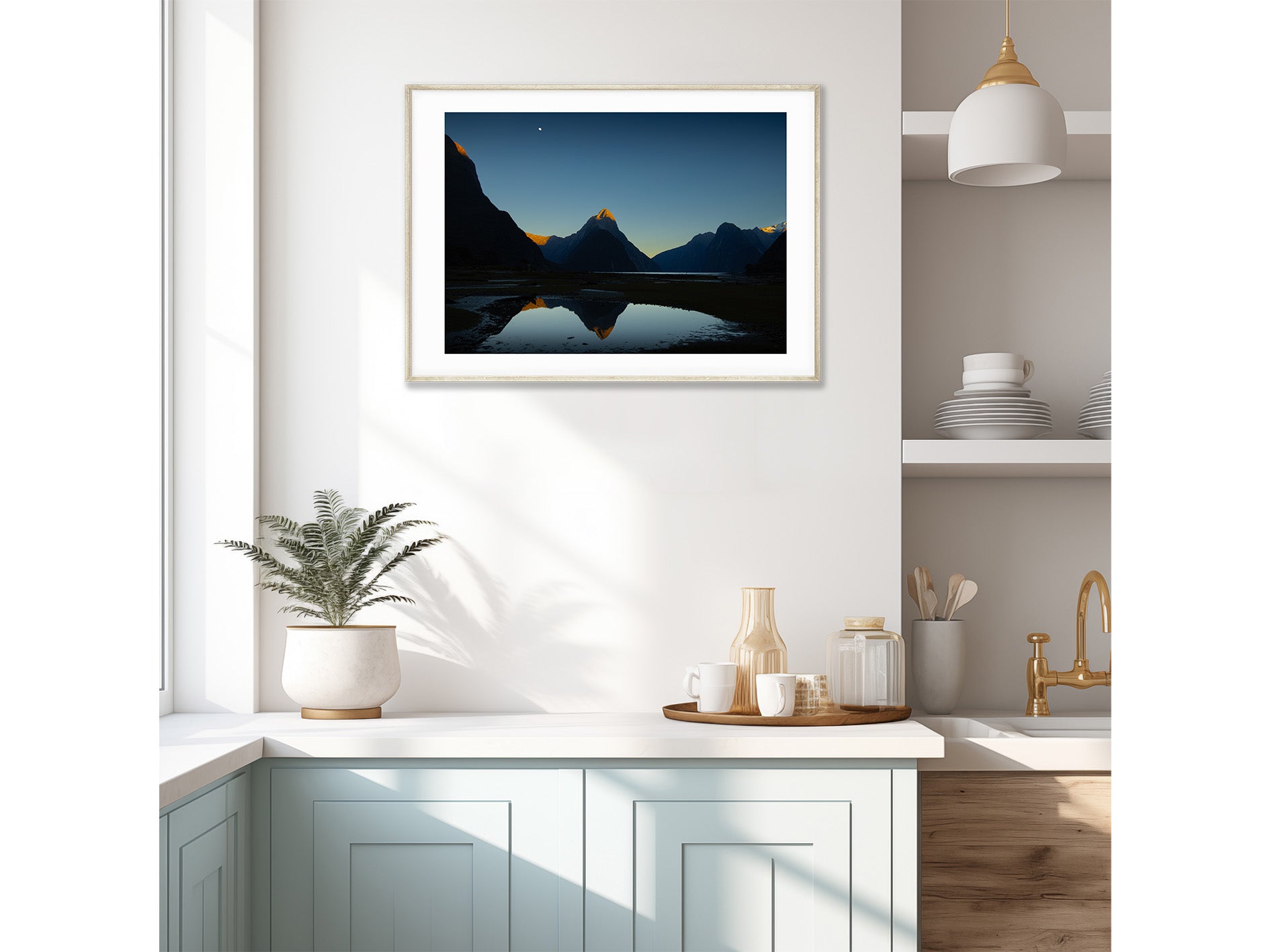 A1 wood frame (741 × 526mm print, 865 × 618mm frame). Mitre te atakura Mitre Peak dressed in her red tips of dawn, te ata kura, on a rare and beautifully clear, still, morning. Milford Sound New Zealand. 