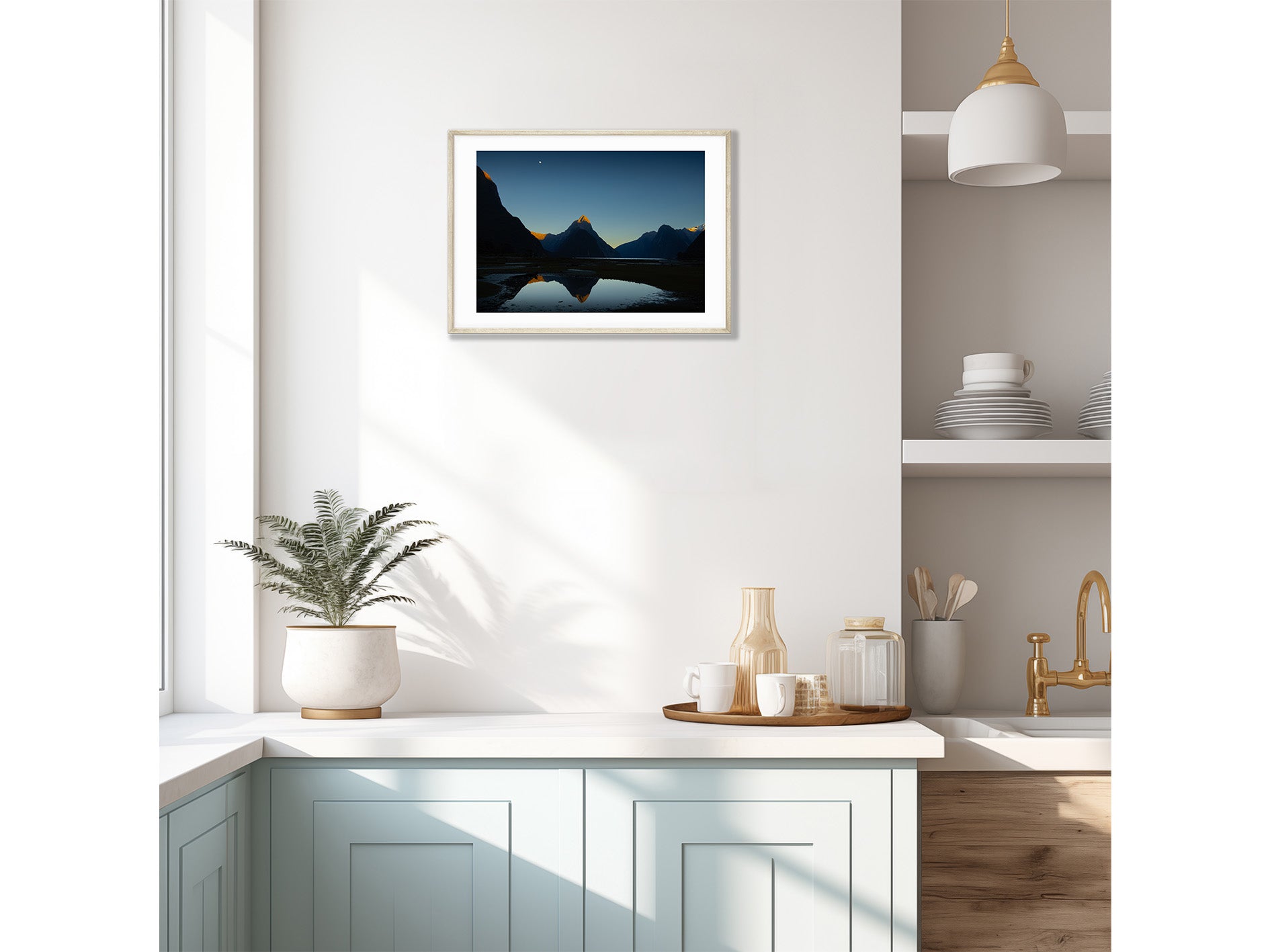 A2 wood frame (493 × 350mm print, 618 × 445mm frame) Mitre te atakura Mitre Peak dressed in her red tips of dawn, te ata kura, on a rare and beautifully clear, still, morning. Milford Sound New Zealand. 