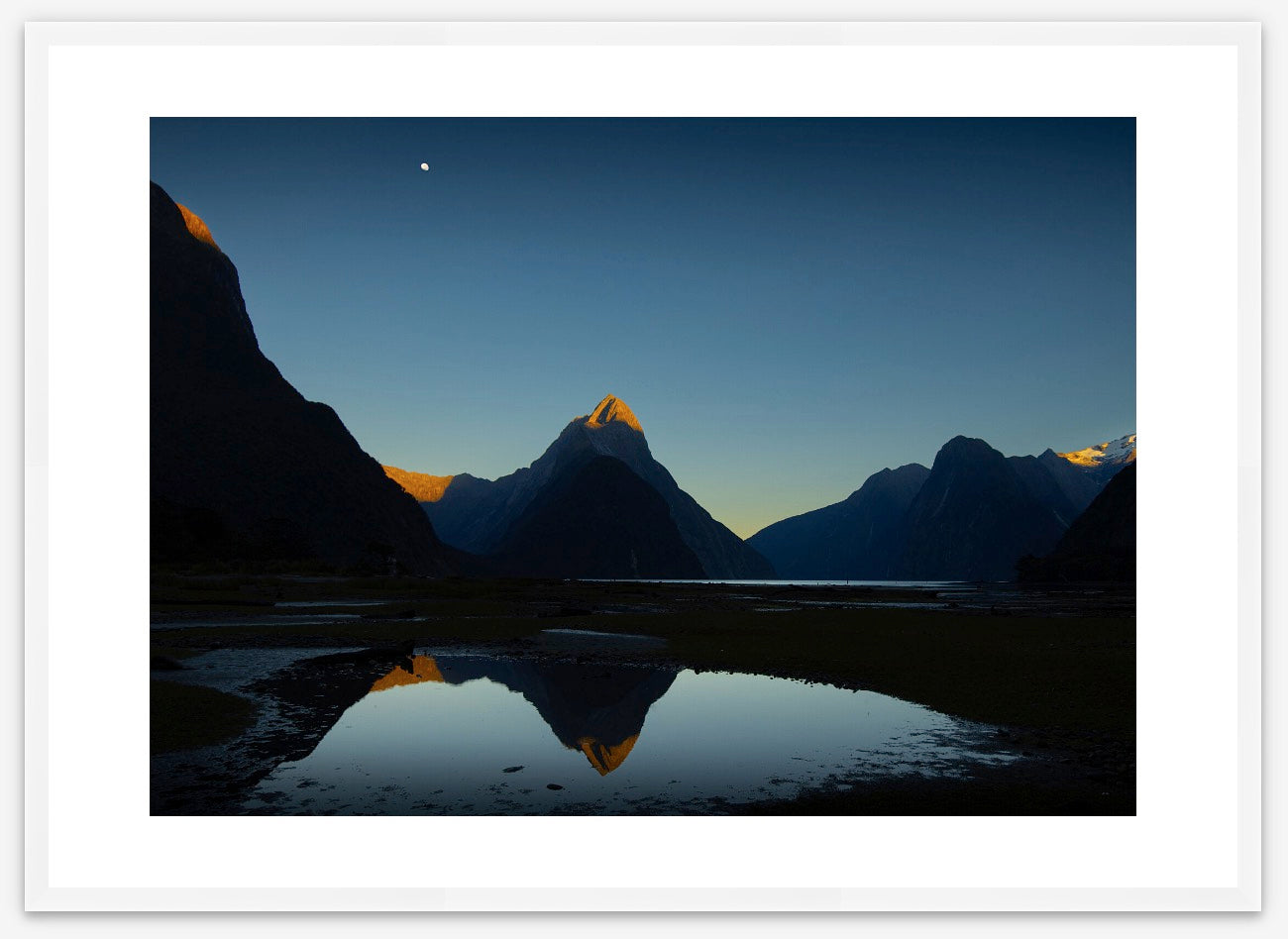 Wood frame size A1, A2 or A3. Mitre te atakura Mitre Peak dressed in her red tips of dawn, te ata kura, on a rare and beautifully clear, still, morning. Milford Sound New Zealand. 