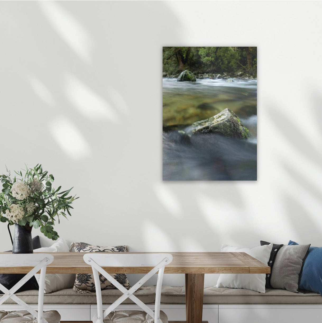 Milford Track, river rocks in the clear wilderness waters of a moody Clinton River, Fiordland, New Zealand. Canvas, 38mm deep frame with mirror wrapped edges