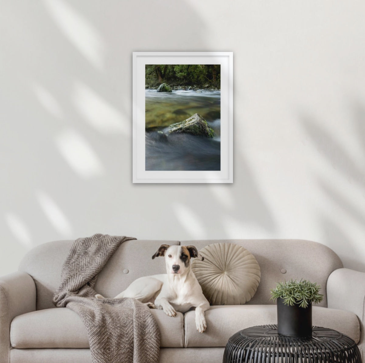 Hikers art by Blankwallnz premium quality white framed wall art of moody wild Clinton River on Milford Track 
