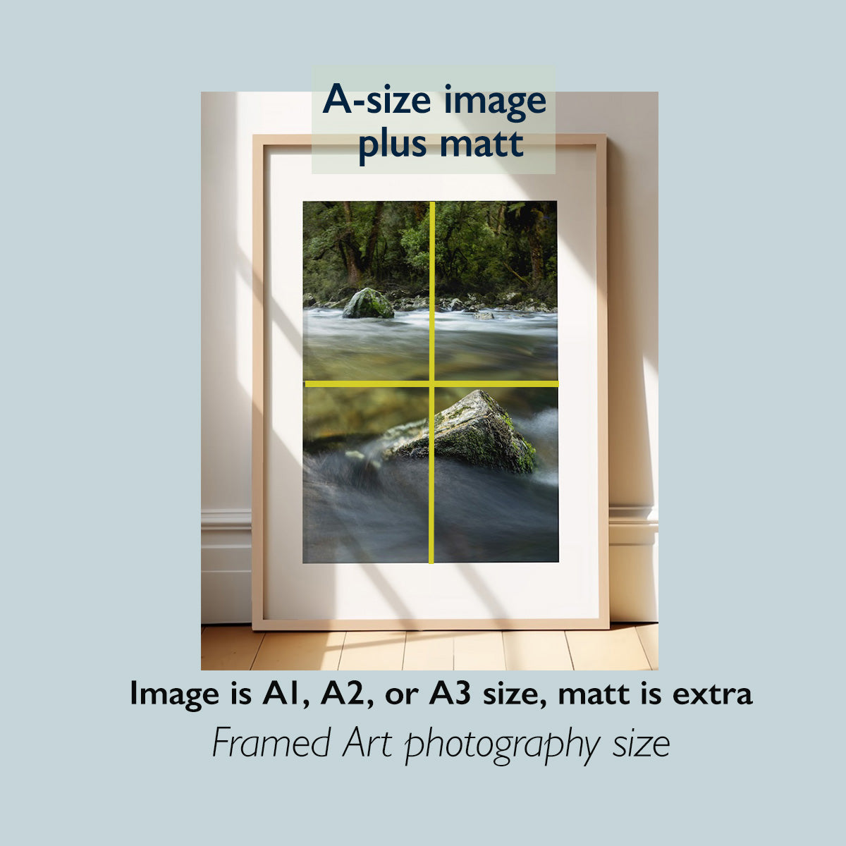 Framed artwork of a Moody River with text indicating A-size image and additional matting.