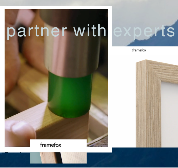 A promotional collage for framebox, showing a close-up of a green-tinted frame cutting tool in action on light wood, a finished light oak frame corner, and overlaid text reading 'partner with experts''.