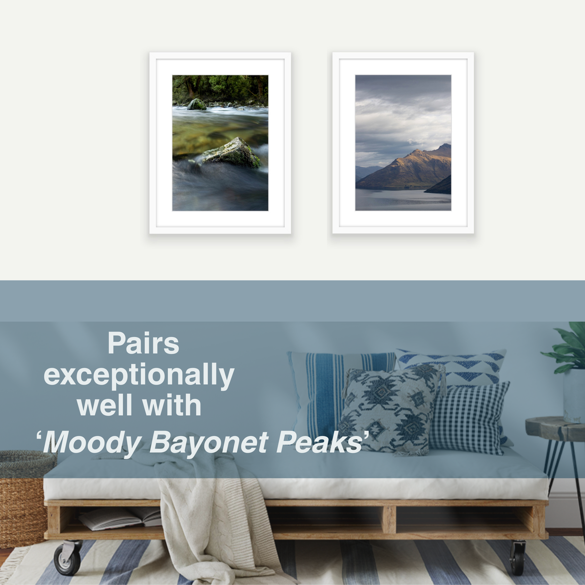 The perfect pairing of two of Blankwallnz original pieces from that trip to Queenstown New Zealand. 'Moody River Rocks' of a green moody long exposure the Clinton river on the Milfdord Track and a misty blue grey storm shot of 'Moody Bayonet Peaks' that sit on Lake Wakatipu in Queenstown