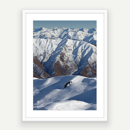 Ski scene of pillowy snow and southern alps mountains in the background, Cardrona, Wanaka New Zealand. Framed New Zealand Prints. 