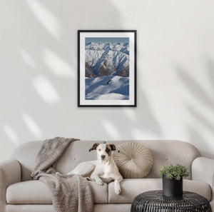 Ski scene of pillowy snow and southern alps mountains in the background, Cardrona, Wanaka New Zealand