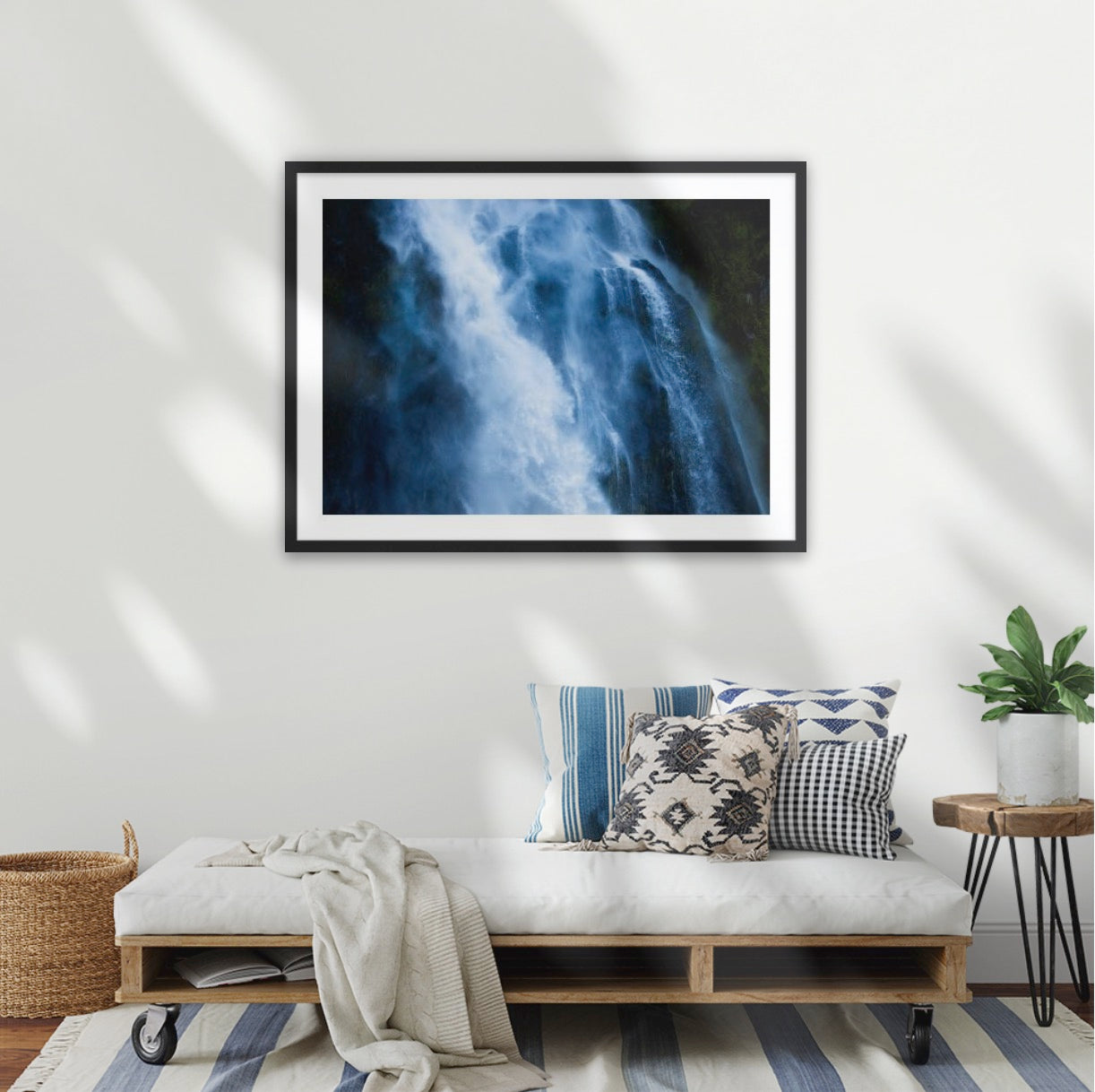 The Blue Waterbird celebrating the ethereal swirling waters of the Stirling Falls, Milford Sound in Aotearoa, New Zealand. A1 black wood frame (841 × 594mm print, 970m × 720mm frame)
