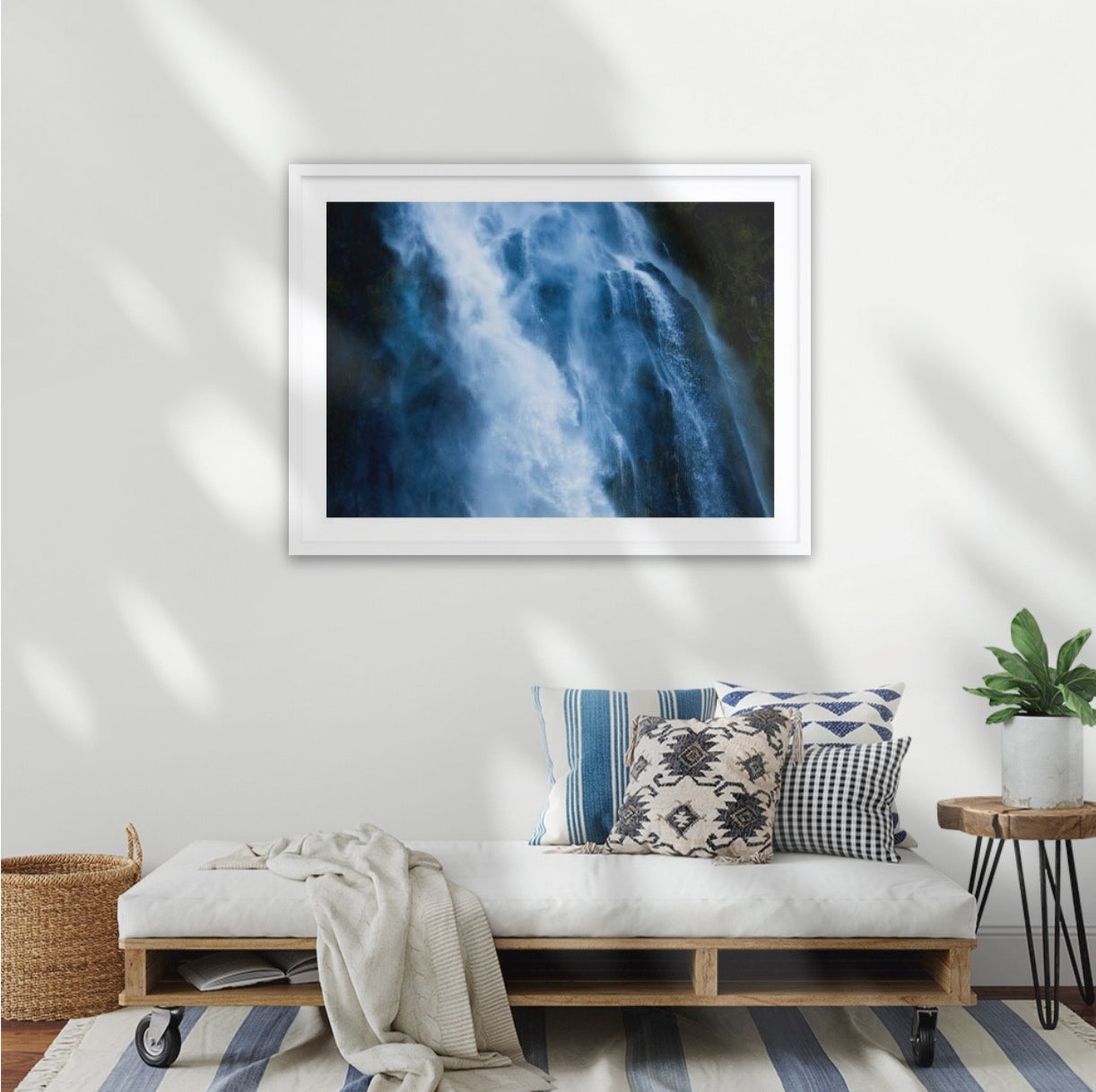 The Blue Waterbird celebrating the ethereal swirling waters of the Stirling Falls, Milford Sound in Aotearoa, New Zealand. A1 white wood frame (841 × 594mm print, 970m × 720mm frame)