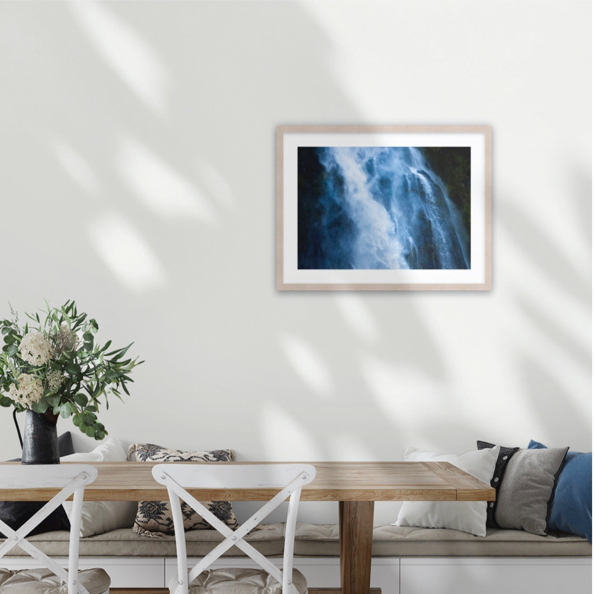 The Blue Waterbird celebrating the ethereal swirling waters of the Stirling Falls, Milford Sound in Aotearoa, New Zealand. A2 wood frame (594 x 420mm print, 720 × 550mm frame)