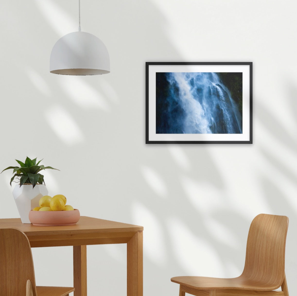 The Blue Waterbird celebrating the ethereal swirling waters of the Stirling Falls, Milford Sound in Aotearoa, New Zealand. A2 black wood frame (594 x 420mm print, 720 × 550mm frame)