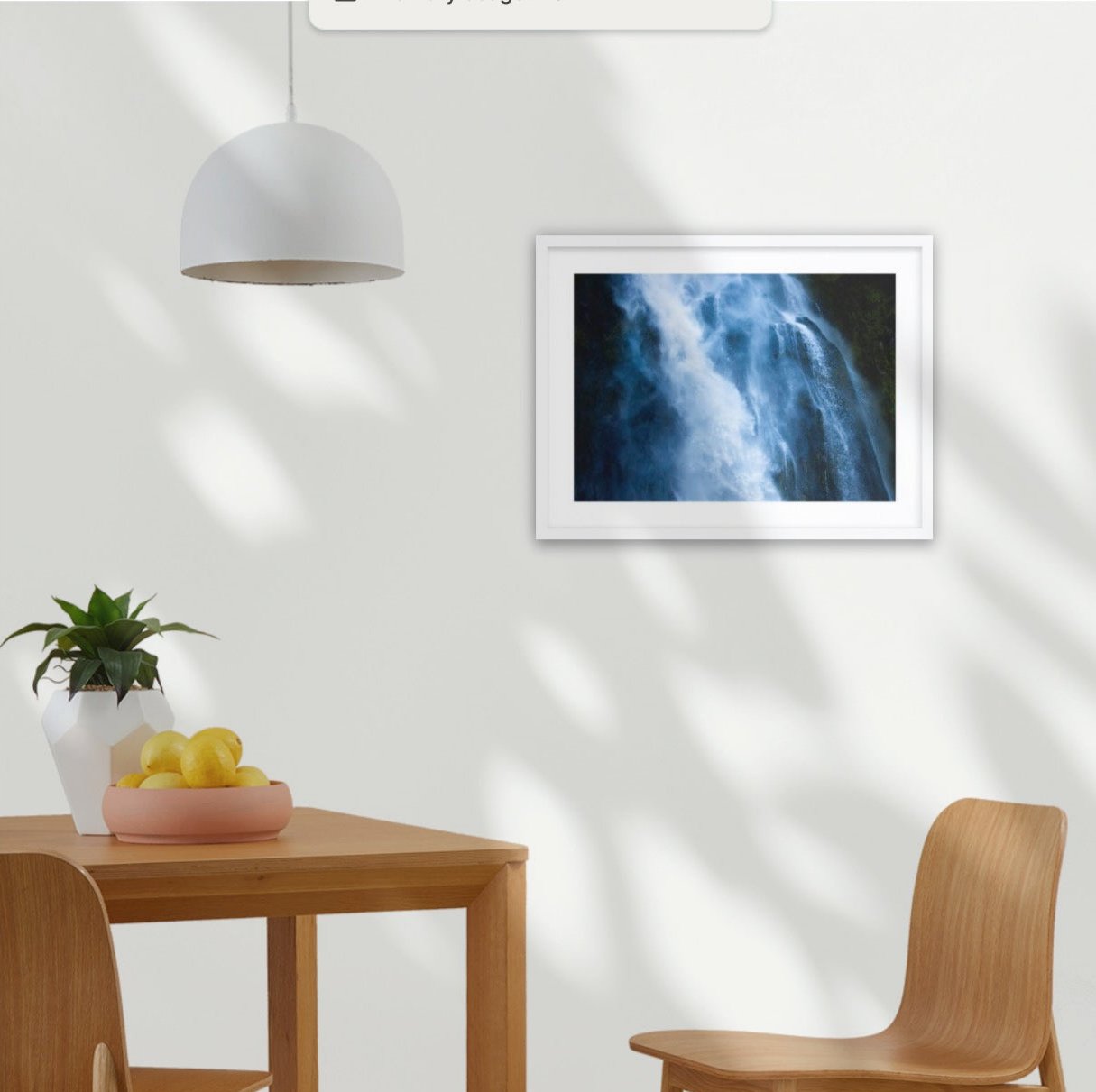 The Blue Waterbird celebrating the ethereal swirling waters of the Stirling Falls, Milford Sound in Aotearoa, New Zealand. A2 white wood frame (594 x 420mm print, 720 × 550mm frame)