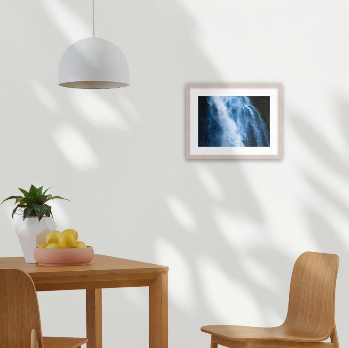 The Blue Waterbird celebrating the ethereal swirling waters of the Stirling Falls, Milford Sound in Aotearoa, New Zealand. A3 raw wood frame (420 x 297mm print; 550× 420mm frame)