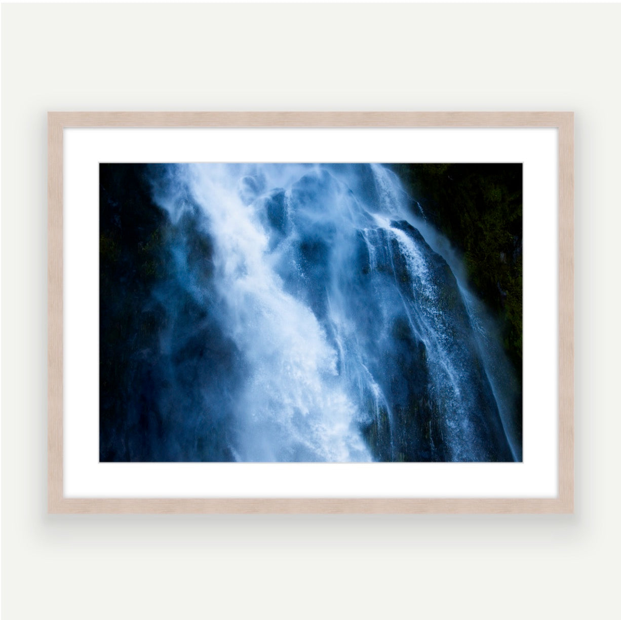 The Blue Waterbird celebrating the ethereal swirling waters of the Stirling Falls, Milford Sound in Aotearoa, New Zealand. Raw wood frame - raw colour, polished wood