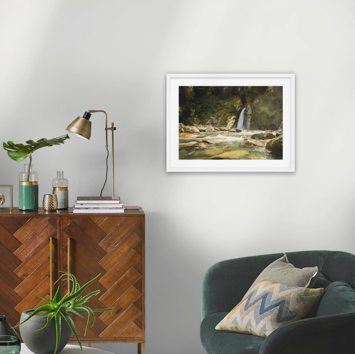 Thunderous Giants Gate falls on Milford Track, Fiordland National Park. Pristine wilderness river in toffee tones. A2 wood frame (594 x 420mm print, 720 × 550mm frame)