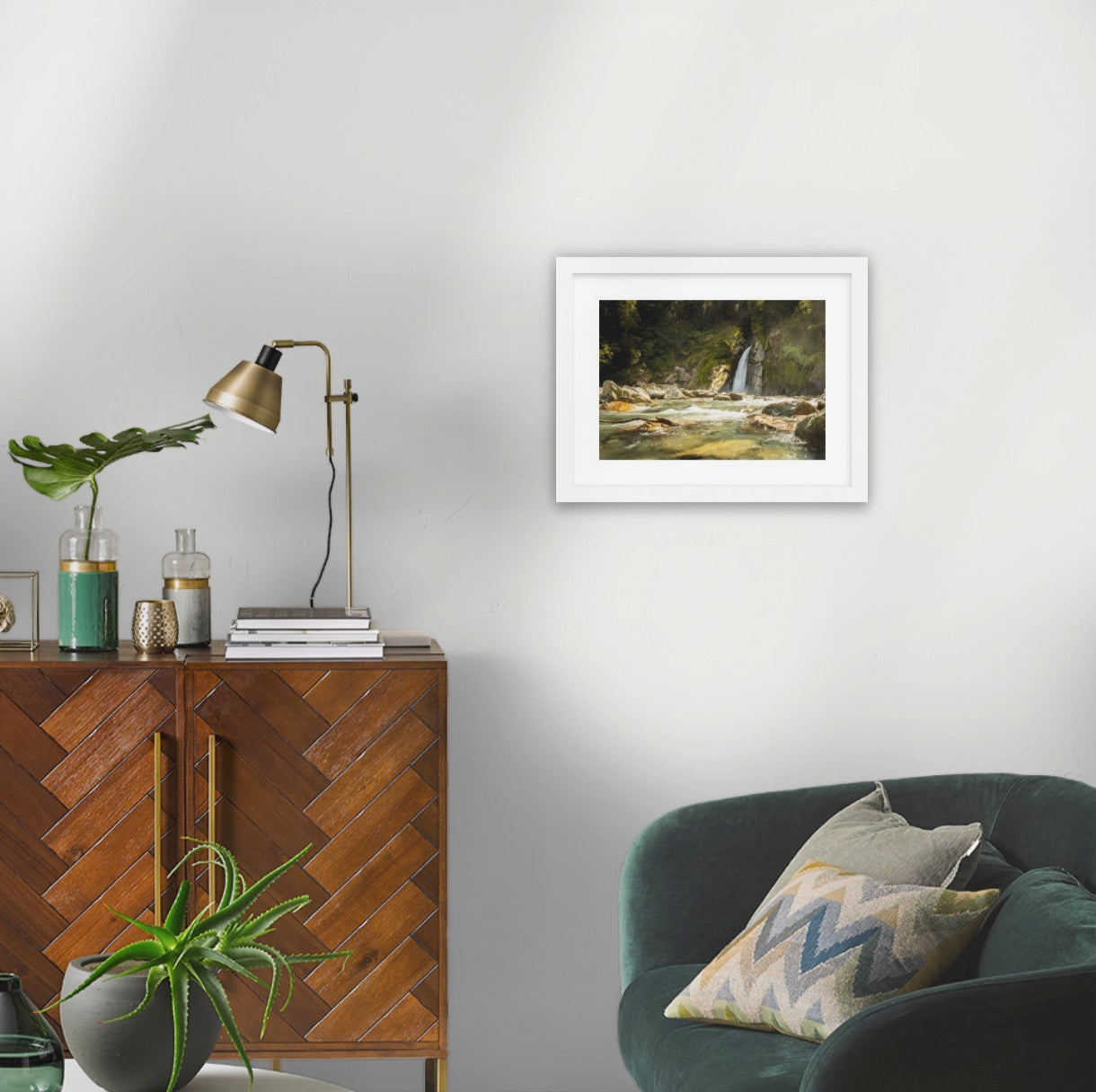 Thunderous Giants Gate falls on Milford Track, Fiordland National Park. Pristine wilderness river in toffee tones. A3 wood frame (420 x 297mm print; 550× 420mm frame)