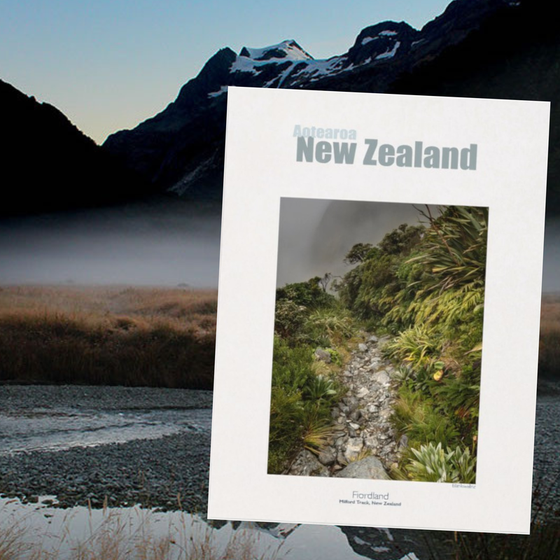 A vertical art poster titled 'Aotearoa New Zealand' with a photograph of a high alpine path in Fiordland New Zealand, shown as an overlay against a scenic background of Routeburn National Park mountains and a riverbed.