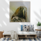Framed canvas portrait of a Kaka parrot on a wall above a sofa. Square art.